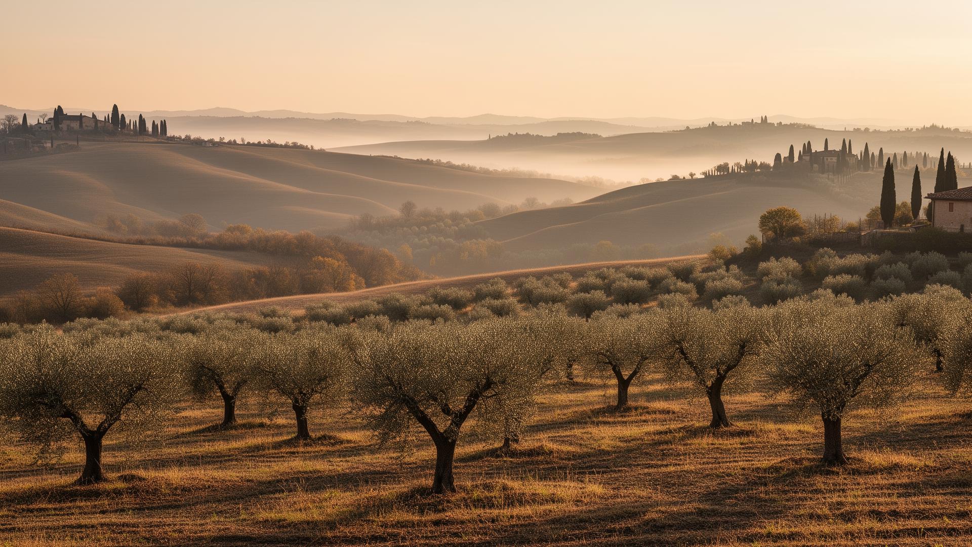 Misty Tuscan olive grove and rolling hills at sunrise